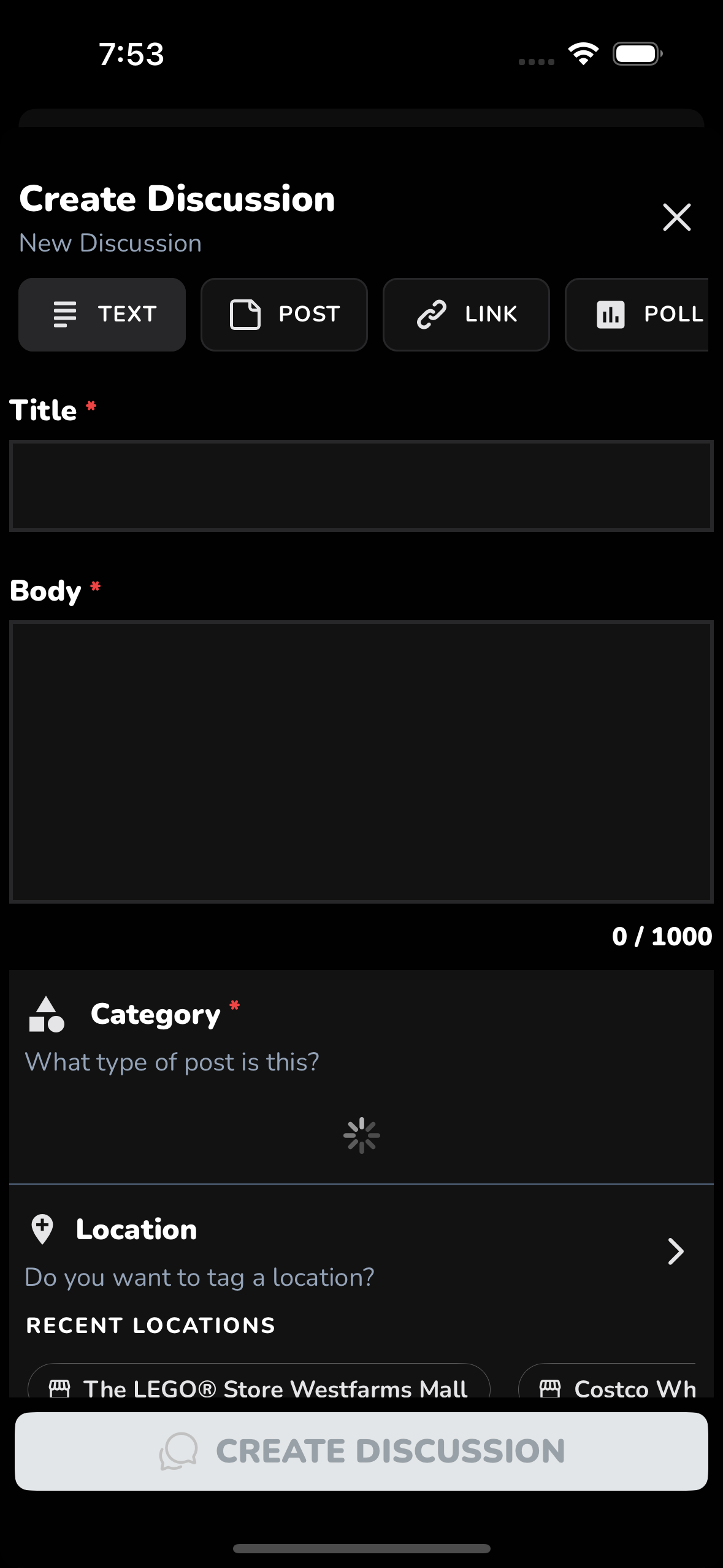 Create Discussion screen showing post types (Text, Post, Link, Poll) and fields for Title, Body, Category, and Location